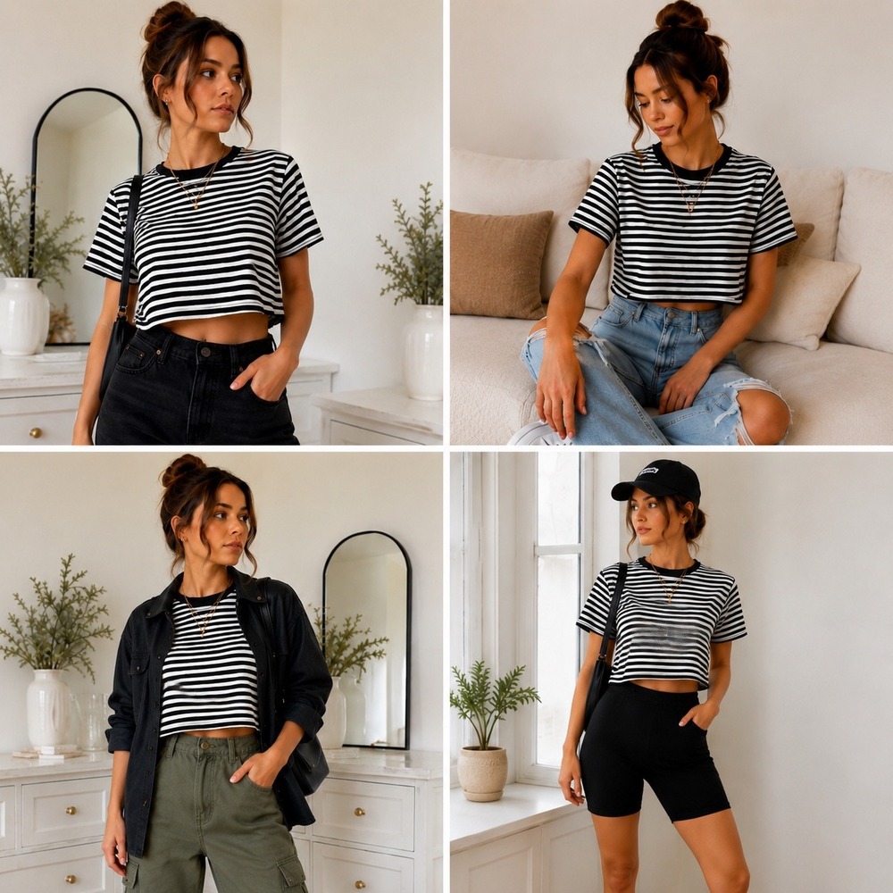 Hot Topic Striped Crop Top Womens Medium Black White Cotton Grunge Short Sleeve